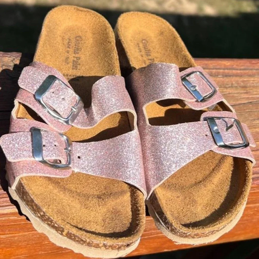 Giulla Palai Youth 1 Pink Glitter Double Strap Cork Bed Slides Sandals